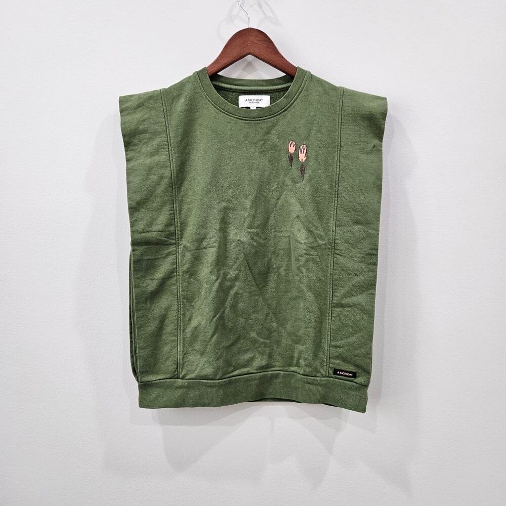 A MONDAY in Copenhagen Green Sleeveless Shoulder Pad Sweatshirt Vest Tulip Sz 12